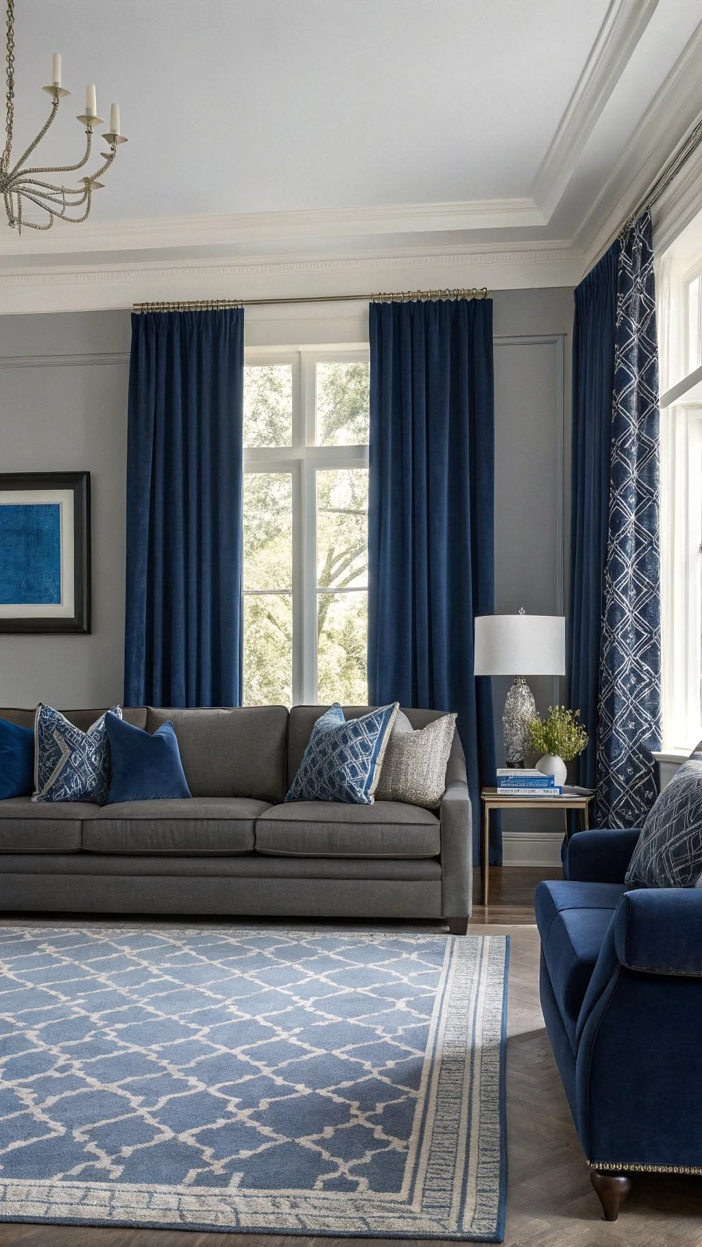 navy blue curtains for grey living room