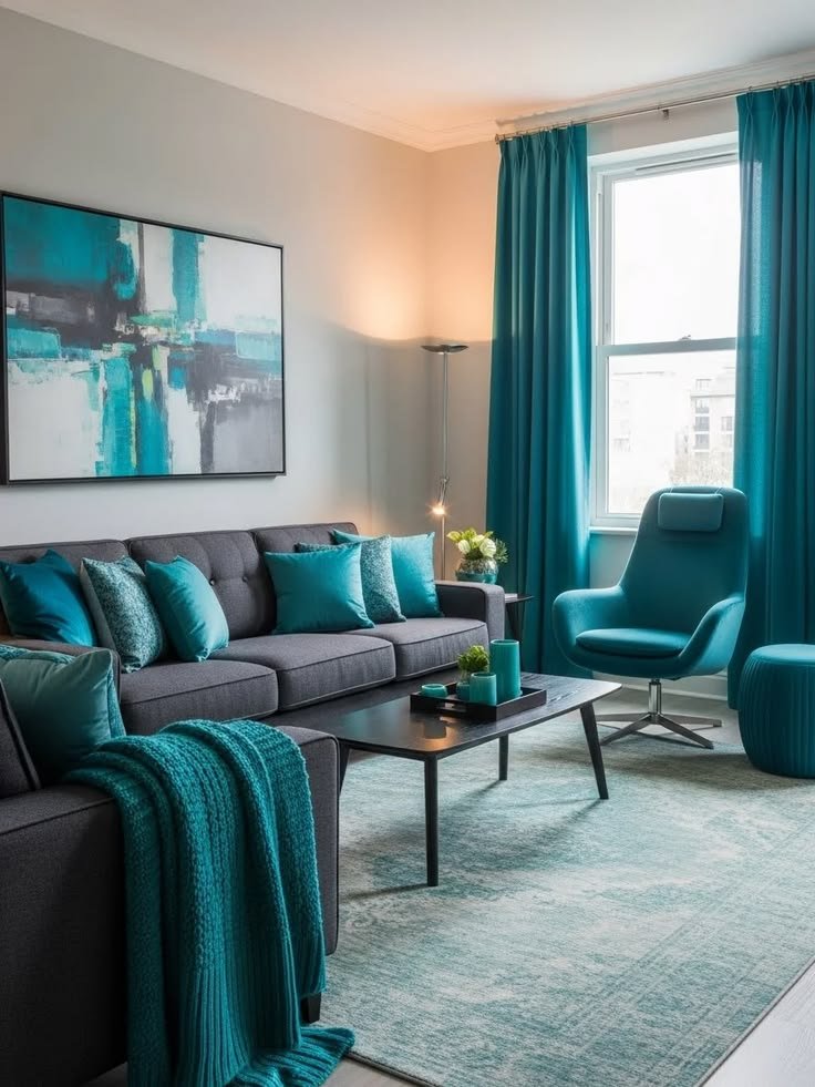 teal curtains for grey living room